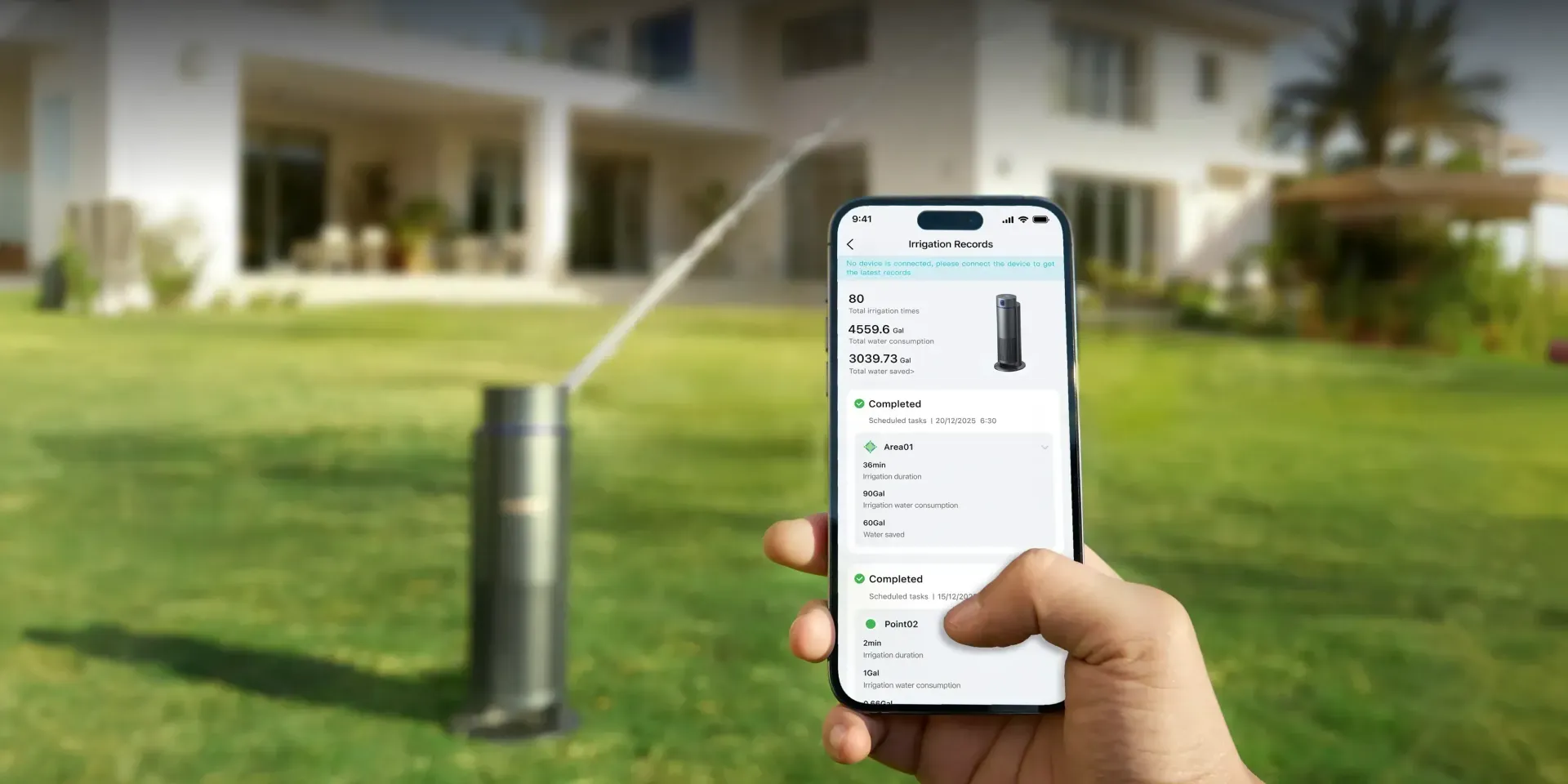 A smart lawn sprinkler watering a newly patched area of grass with a precise, fine mist in the morning sun.