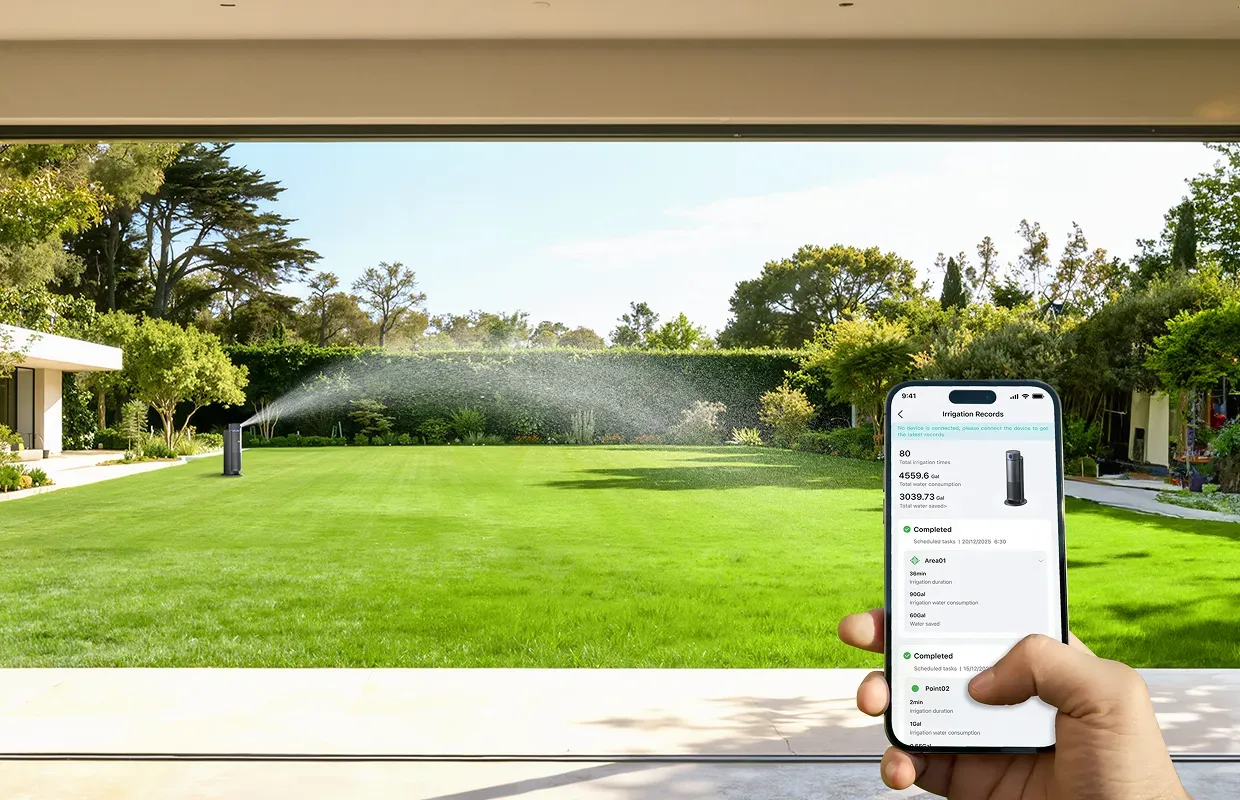 An advanced smart irrigation controller managing garden watering zones to prevent surface runoff and stay compliant.