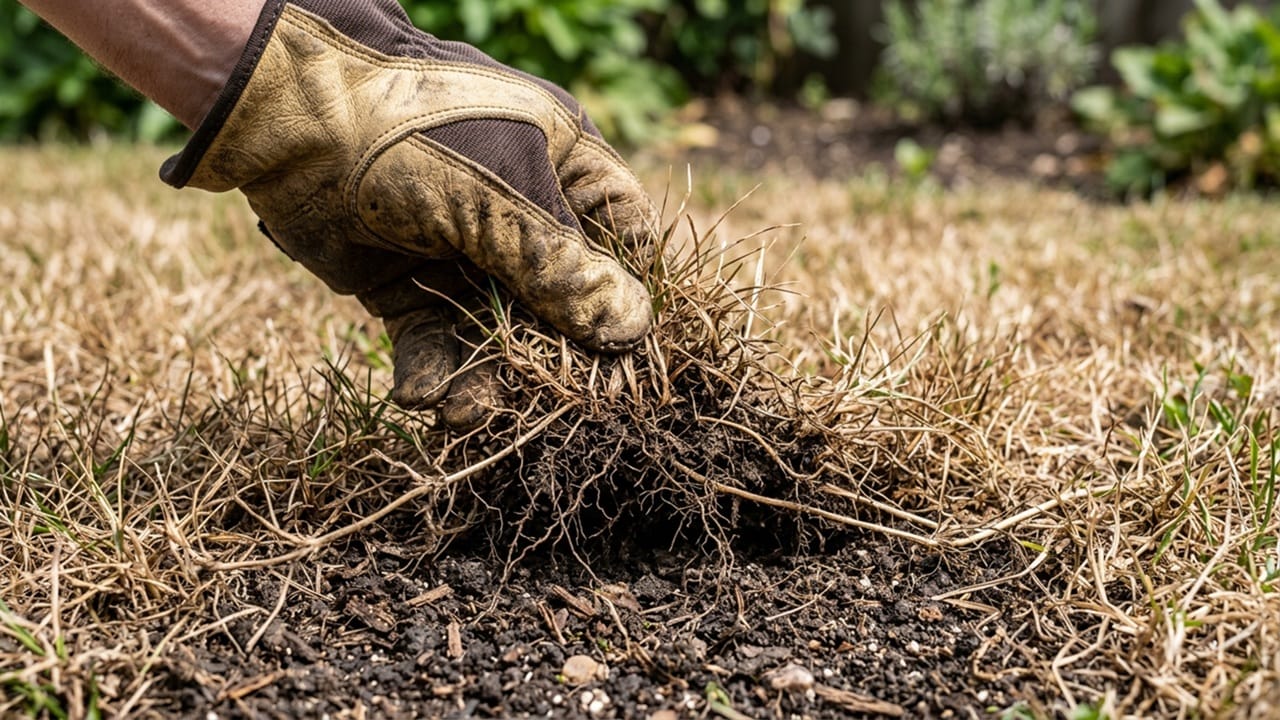 A gardener checking brown grass roots and crown health with a gentle tug test