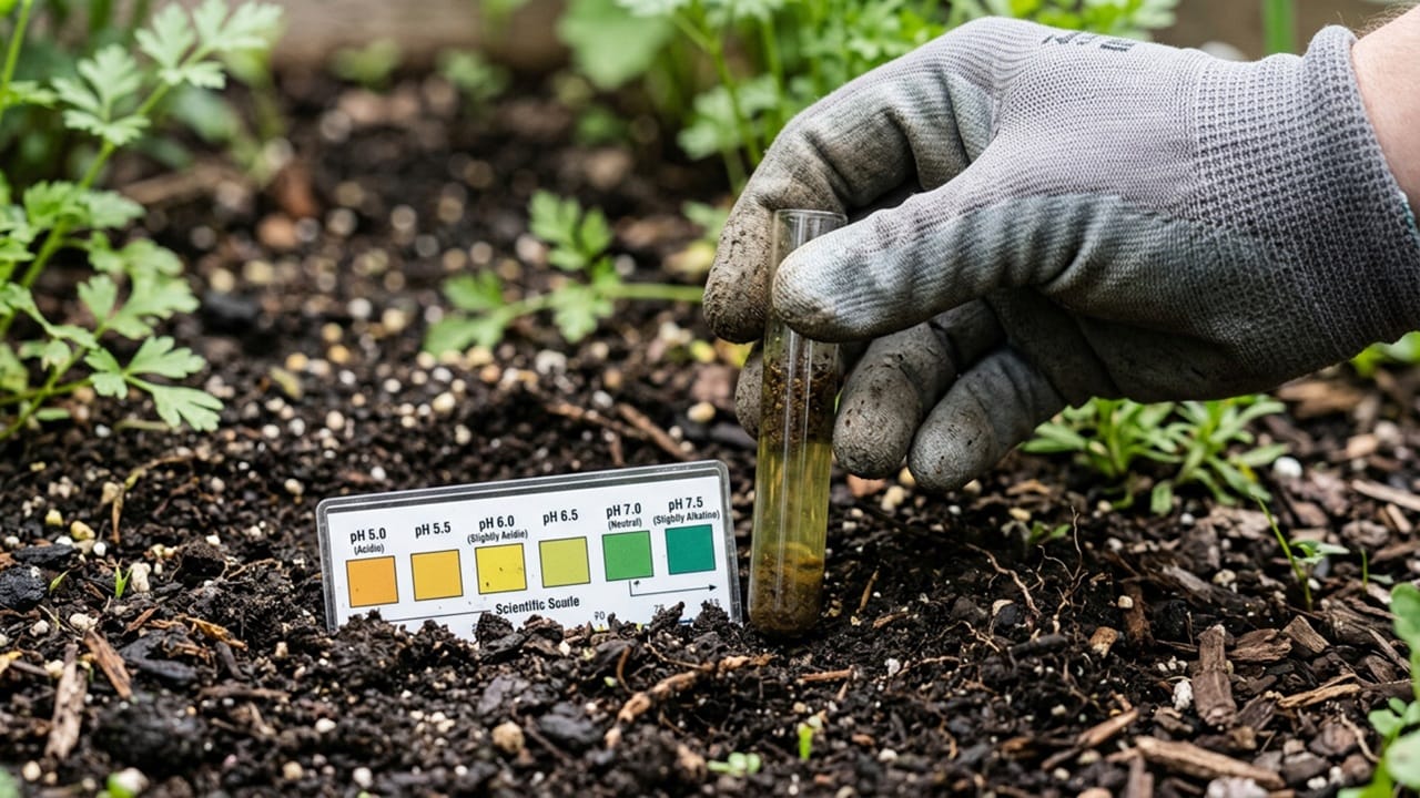 A close-up of a gardener checking soil pH level using a chemical soil test kit with a color chart in a garden bed.
