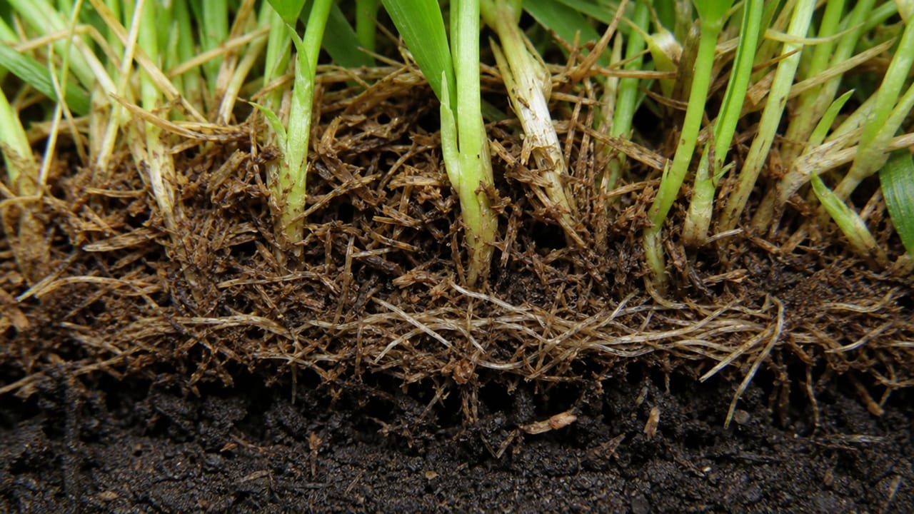 A close-up view of a thick, spongy brown thatch layer woven at the base of green grass blades above the soil.