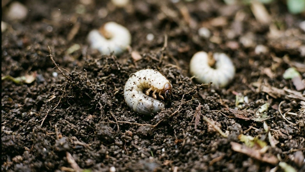 A hand gently pulling back a section of spongy grass to reveal a couple of white, C-shaped lawn grubs in the dark soil.