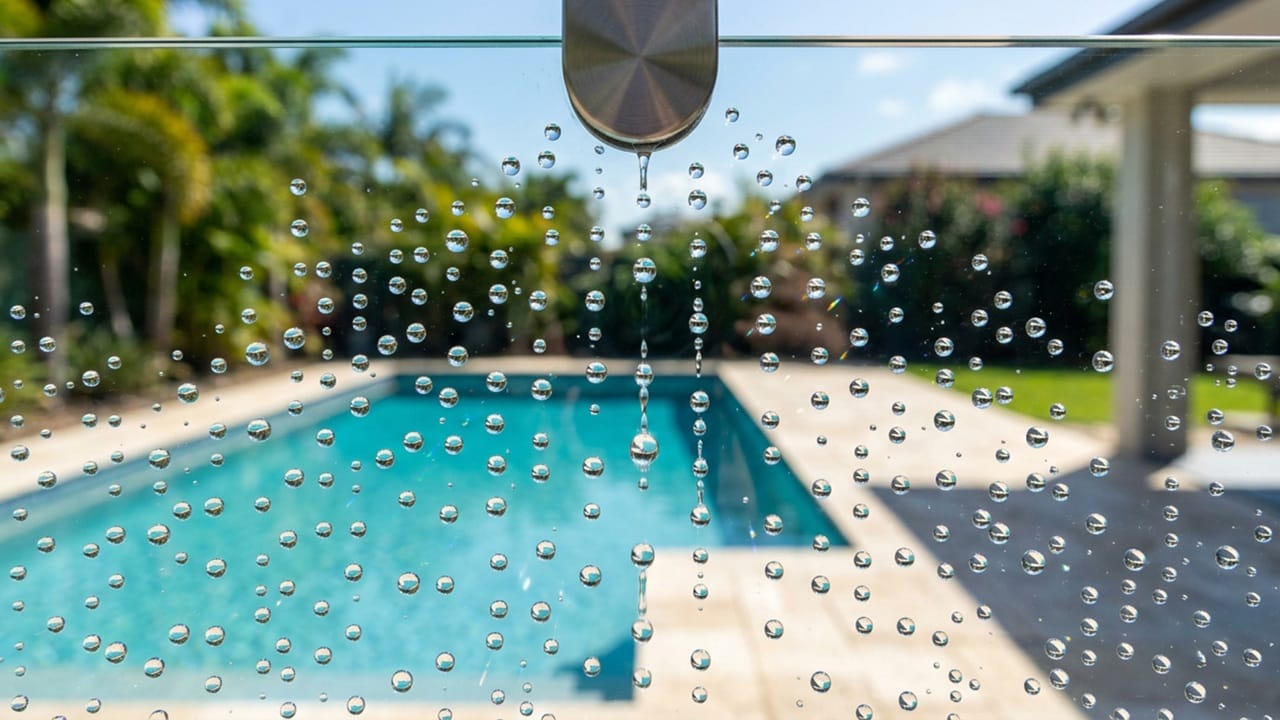 Water droplets beading up and rolling off a glass pool fence treated with a protective hydrophobic sealant.