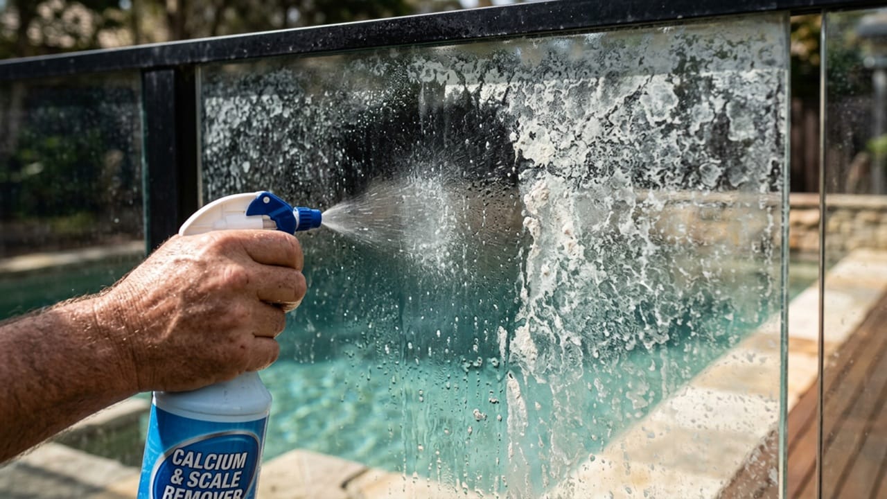 Spraying a white vinegar cleaning solution onto a glass pool fence covered in hard water spots and calcium scale.