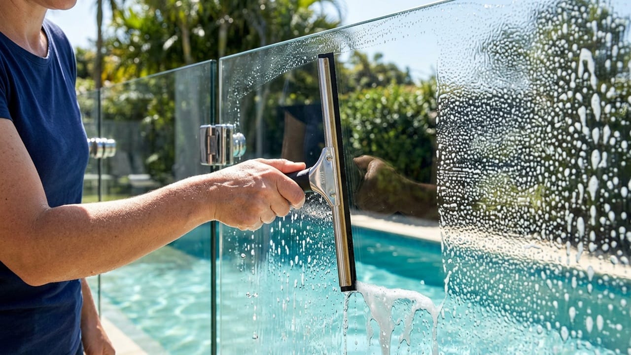 Using a professional rubber squeegee to remove soapy water from a glass pool fence without leaving streaks.