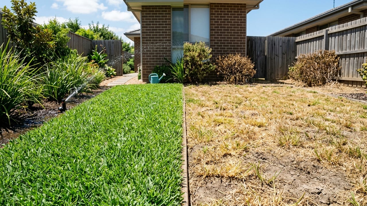 Australian buffalo lawn showing healthy growth and summer water stress conditions