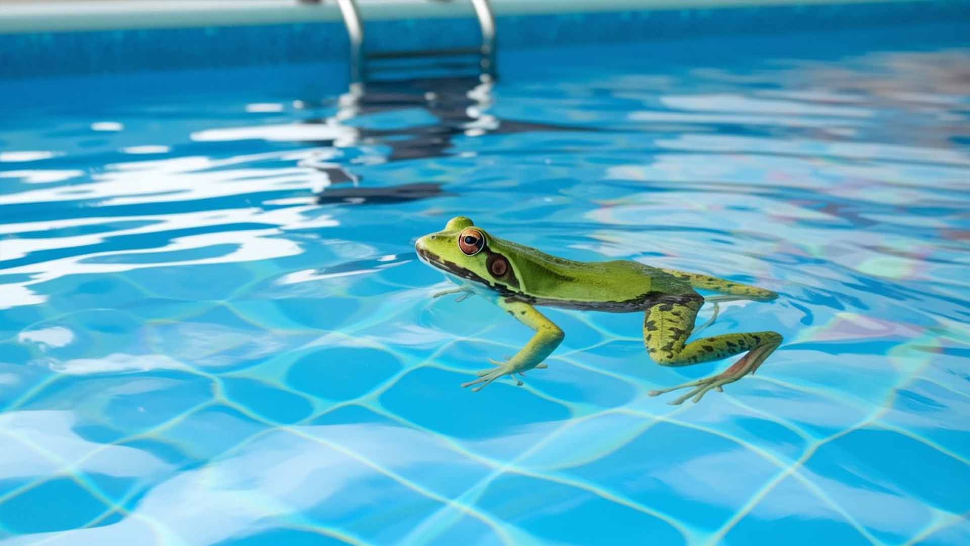 A green frog swims in a blue-tiled pool, a common problem for homeowners seeking to get rid of frogs in their swimming pool.
