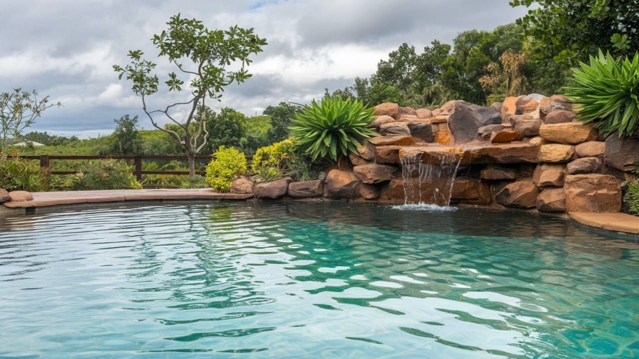 An eco-friendly pool with a rock waterfall feature, surrounded by green plants and a wooden fence under a cloudy sky.