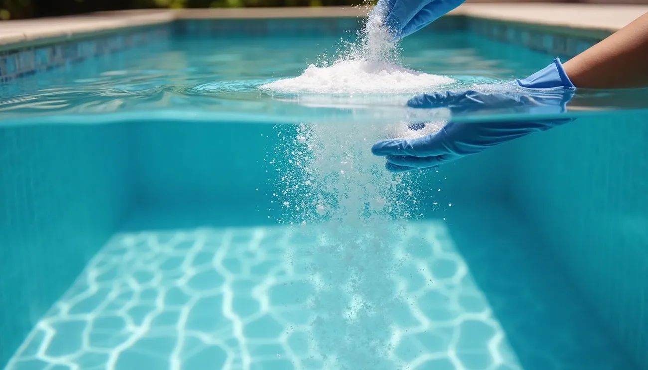  A person wearing blue gloves adds a pile of non-chlorine pool shock to a clean, blue swimming pool.