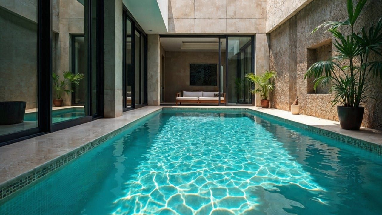 The swimming pool was sparkling after being cleaned by bromine.