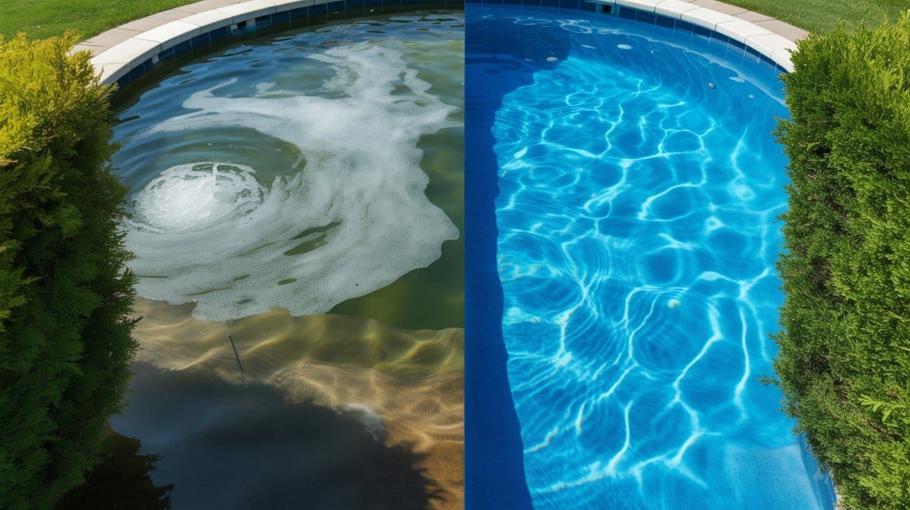 Side-by-side comparison of a cloudy swimming pool and a crystal clear pool, showing the difference in water clarity under sunlight.