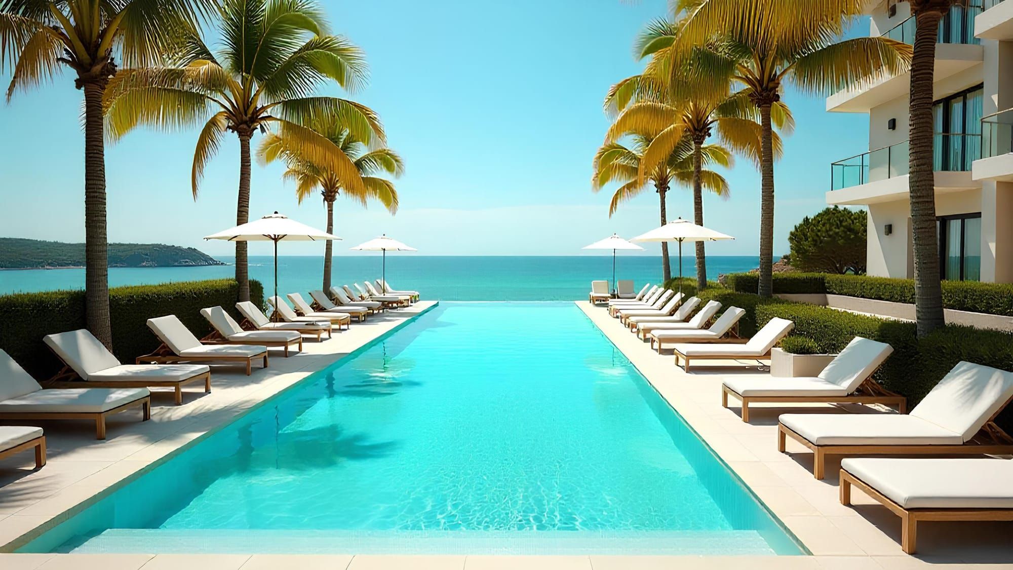 Luxury pool, turquoise water, palm trees, ocean view. Highlights balanced total alkalinity and pH for a perfect swim.