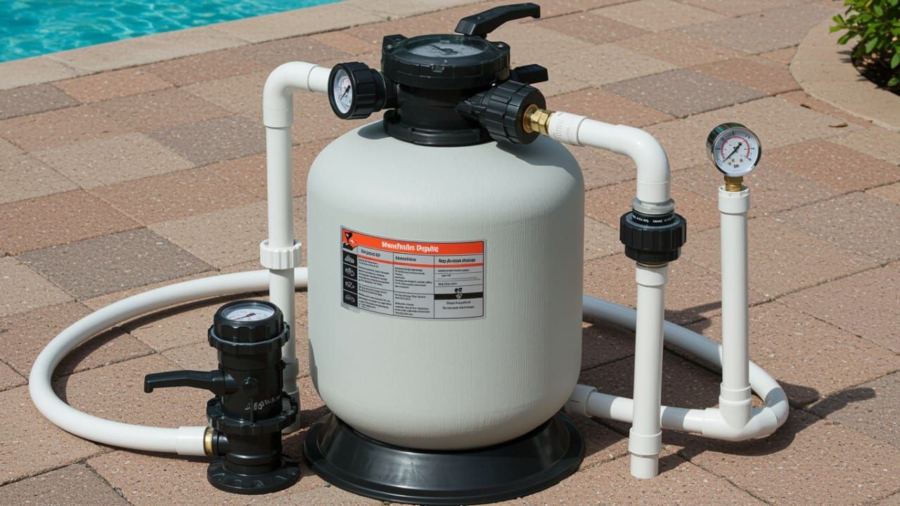 A clean, clear shot of a complete pool sand filter system, with the multiport valve and pressure gauge in sharp focus.