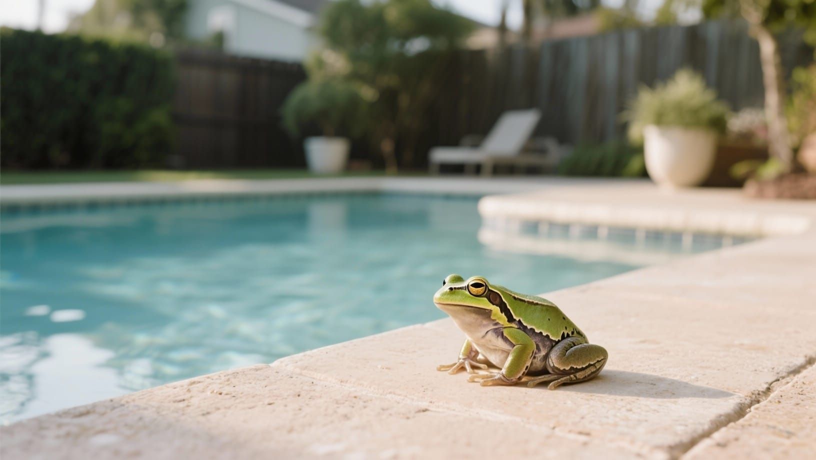 Green frog near pool edge, attracted to still water, pool maintenance tips.