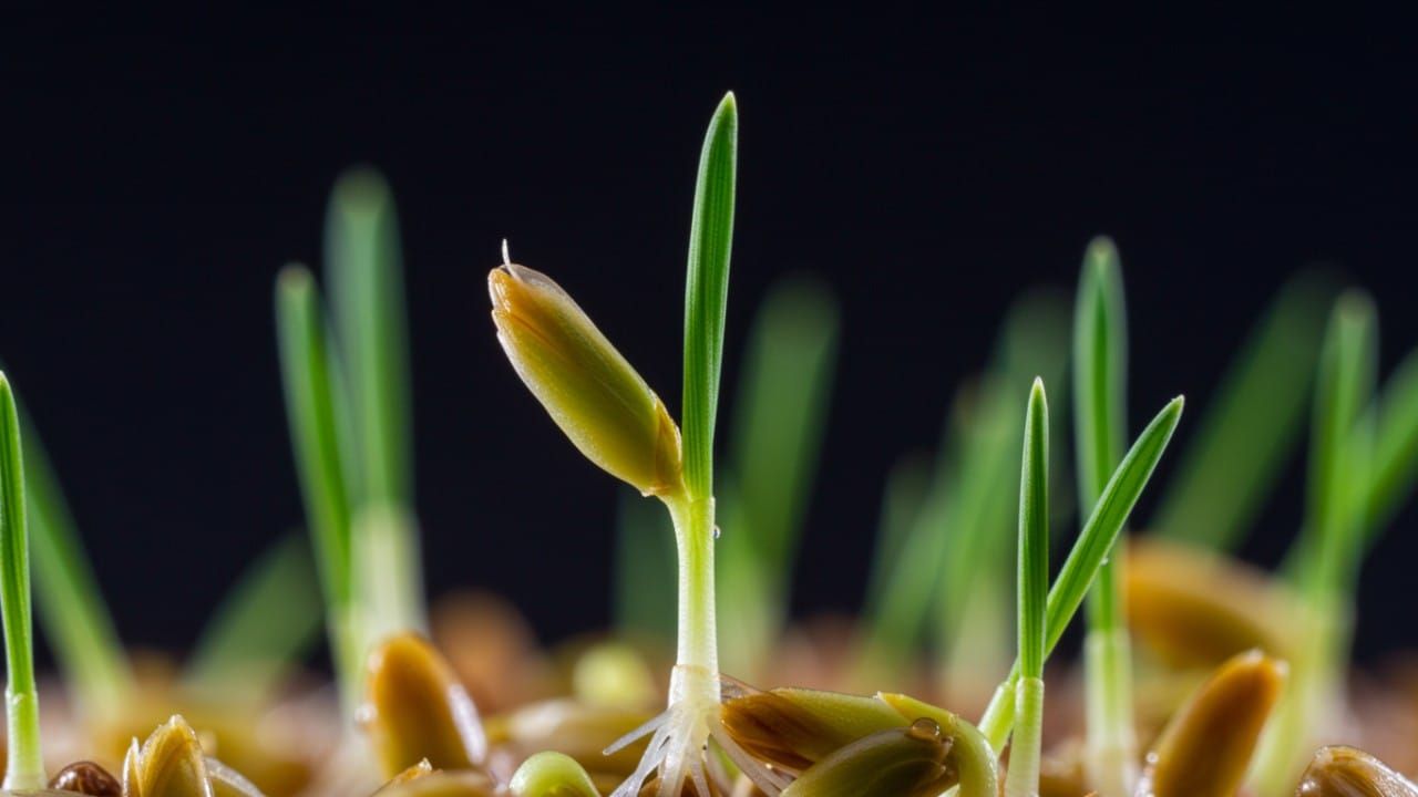 Macro photo showing a tiny root sprouting from a pre-germinated grass seed.