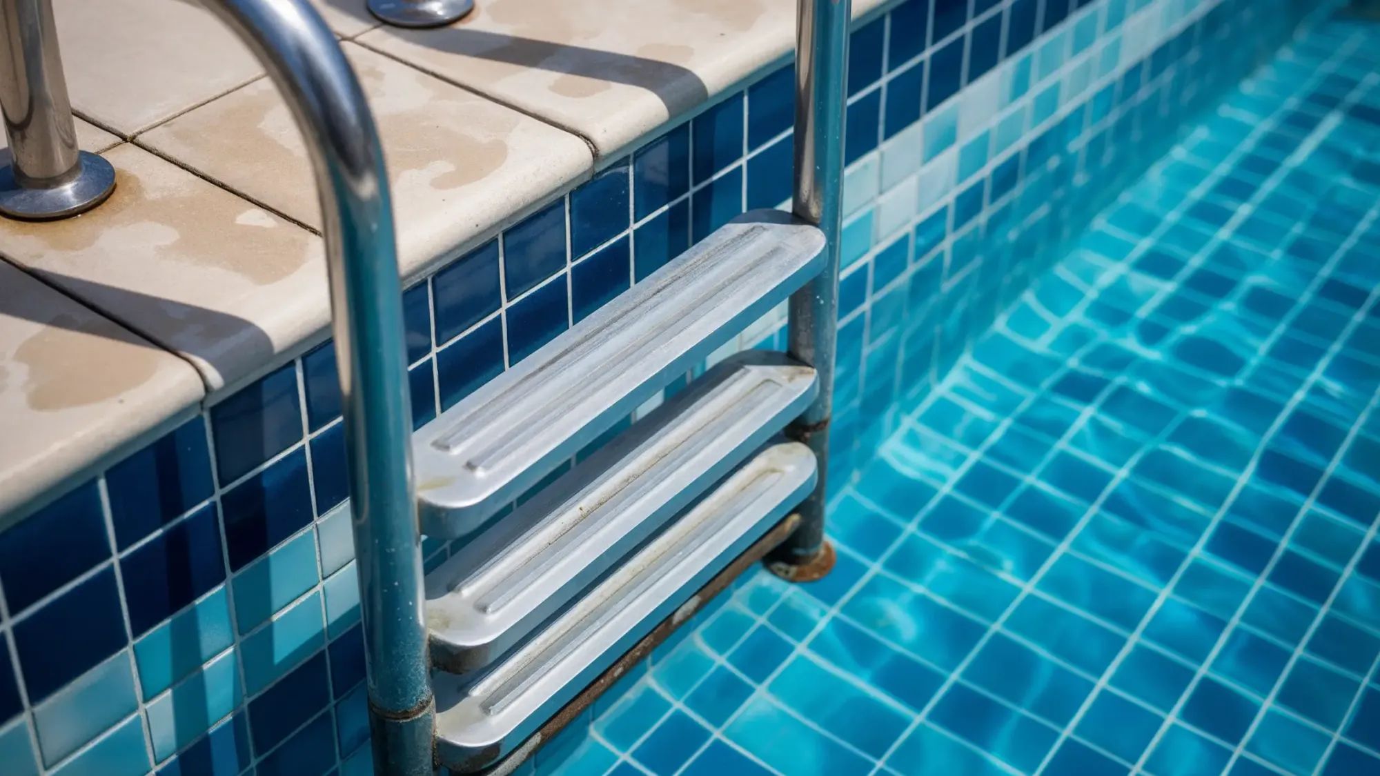 Pool ladder showing calcium scale buildup as a sign of high calcium hardness.