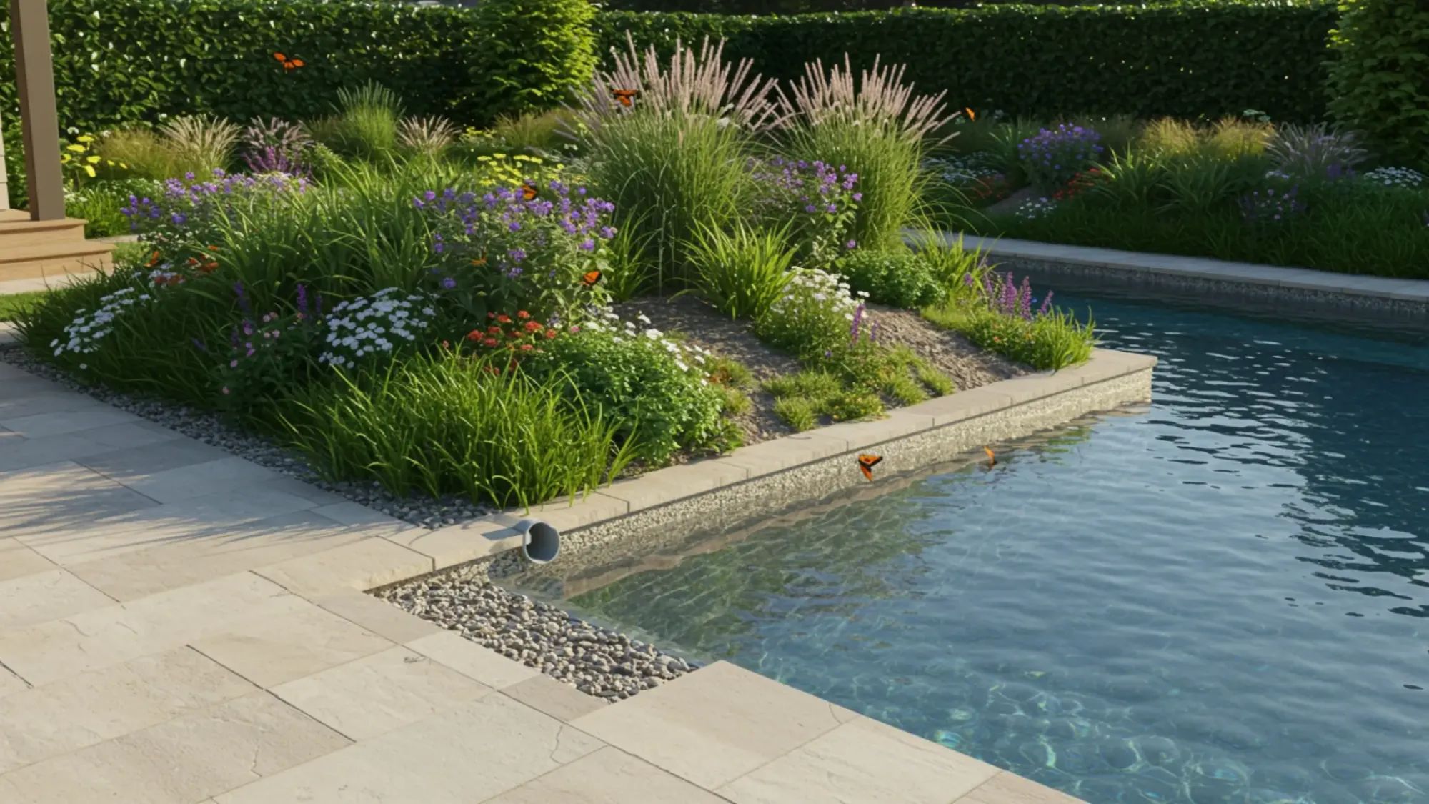 Vibrant rain garden with native plants and butterflies beside a sparkling pool deck.