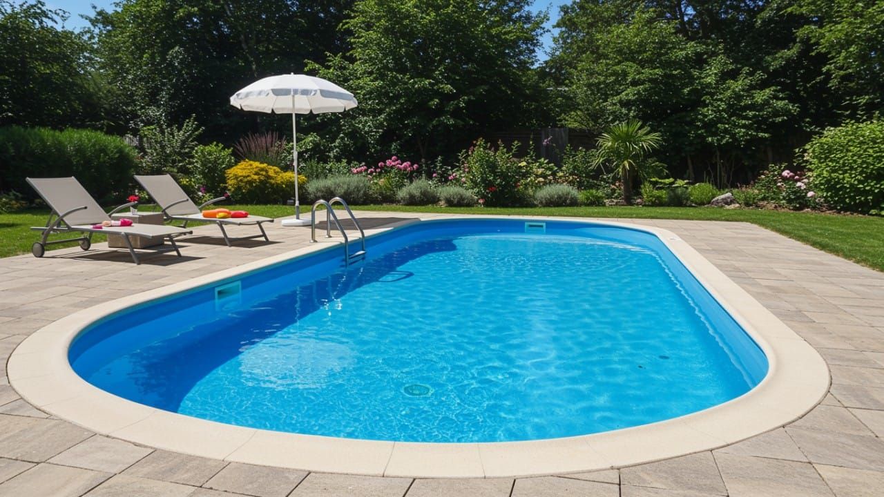 A wide shot of a pristine, sparkling blue fibreglass pool on a sunny day, with a relaxing poolside setting.