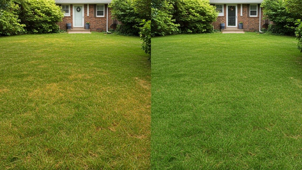 an uneven lawn with yellow patches on the left, compared to a healthy, evenly colored lawn on the right.