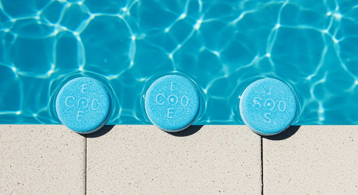 Visually appealing overhead shot of three large 3-inch pool chlorine tablets (Trichlor pucks) sitting in the water at the edge of a clean, blue pool.