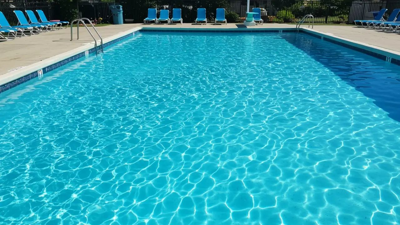 A crystal-clear, sparkling blue pool on a sunny day, representing perfectly balanced water chemistry.