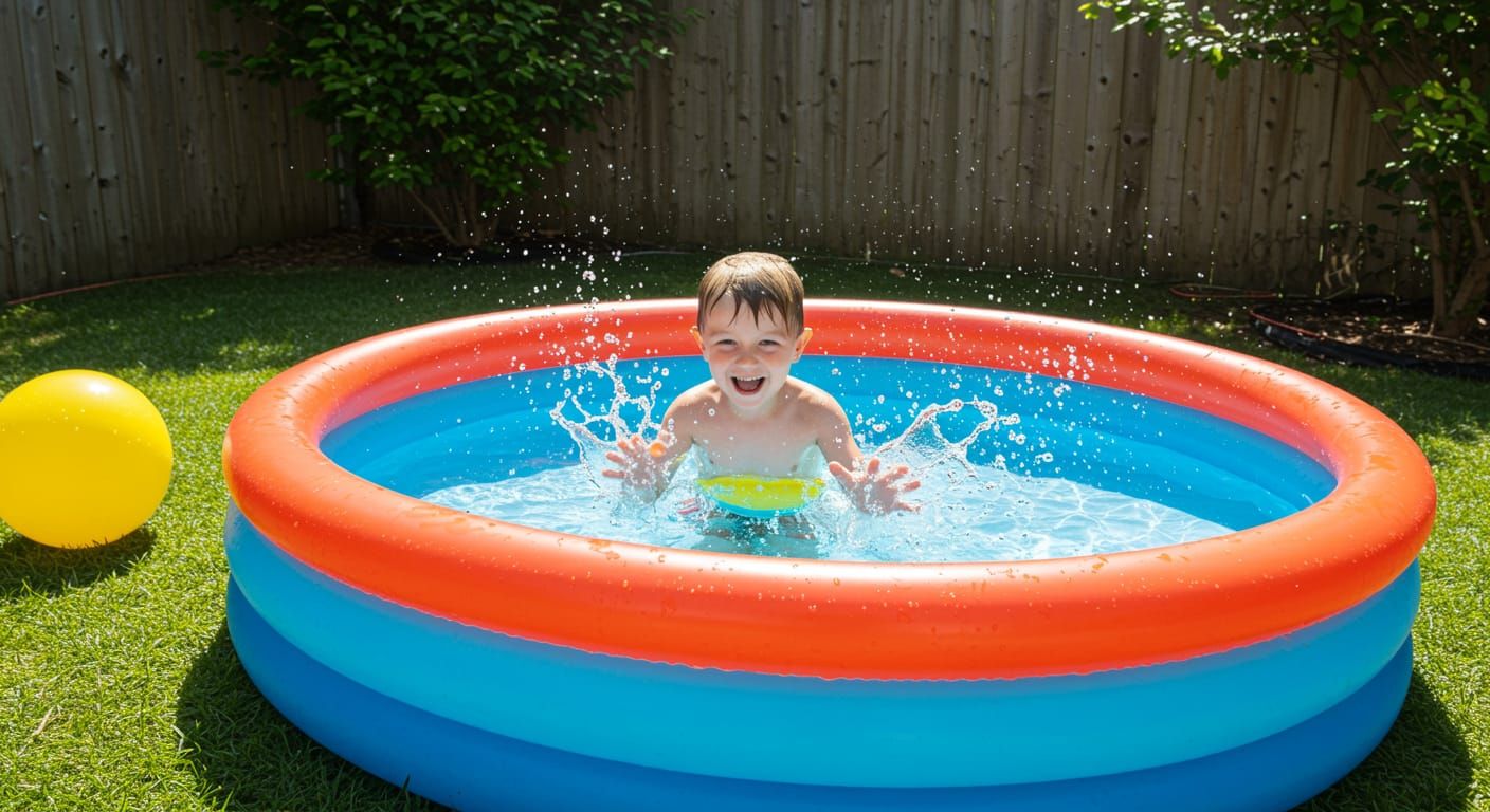 A vibrant inflatable pool with a boy splashing, summer toys floating, subtle fence edge visible, sunny backyard