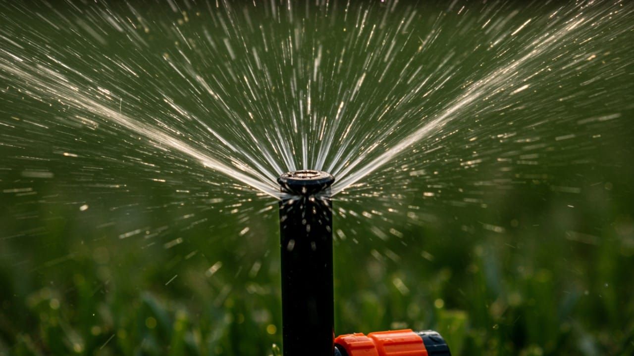 A close-up photo of a lawn sprinkler spraying water.