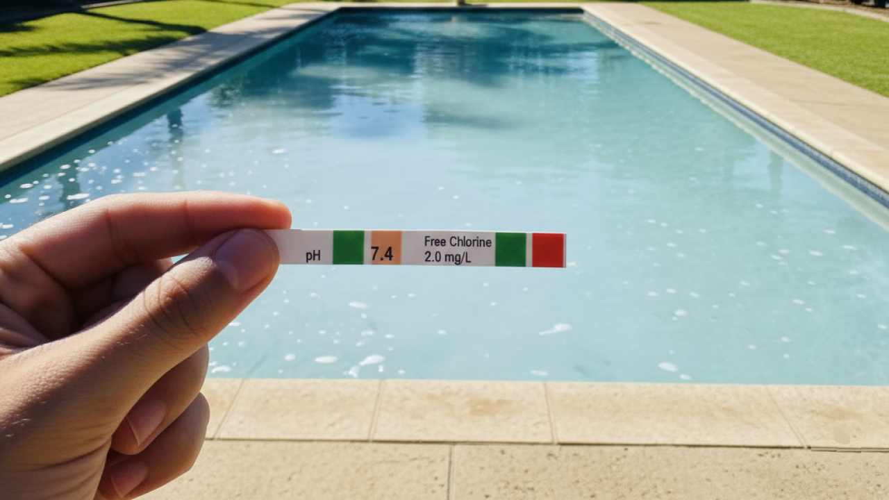 A close-up shot shows the pool water quality test results are normal, but the background is murky pool water, creating an atmosphere of contradiction and confusion.