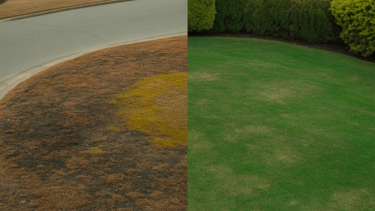 A close-up contrast between dead brown turf caused by drought or fungus and healthy green grass.