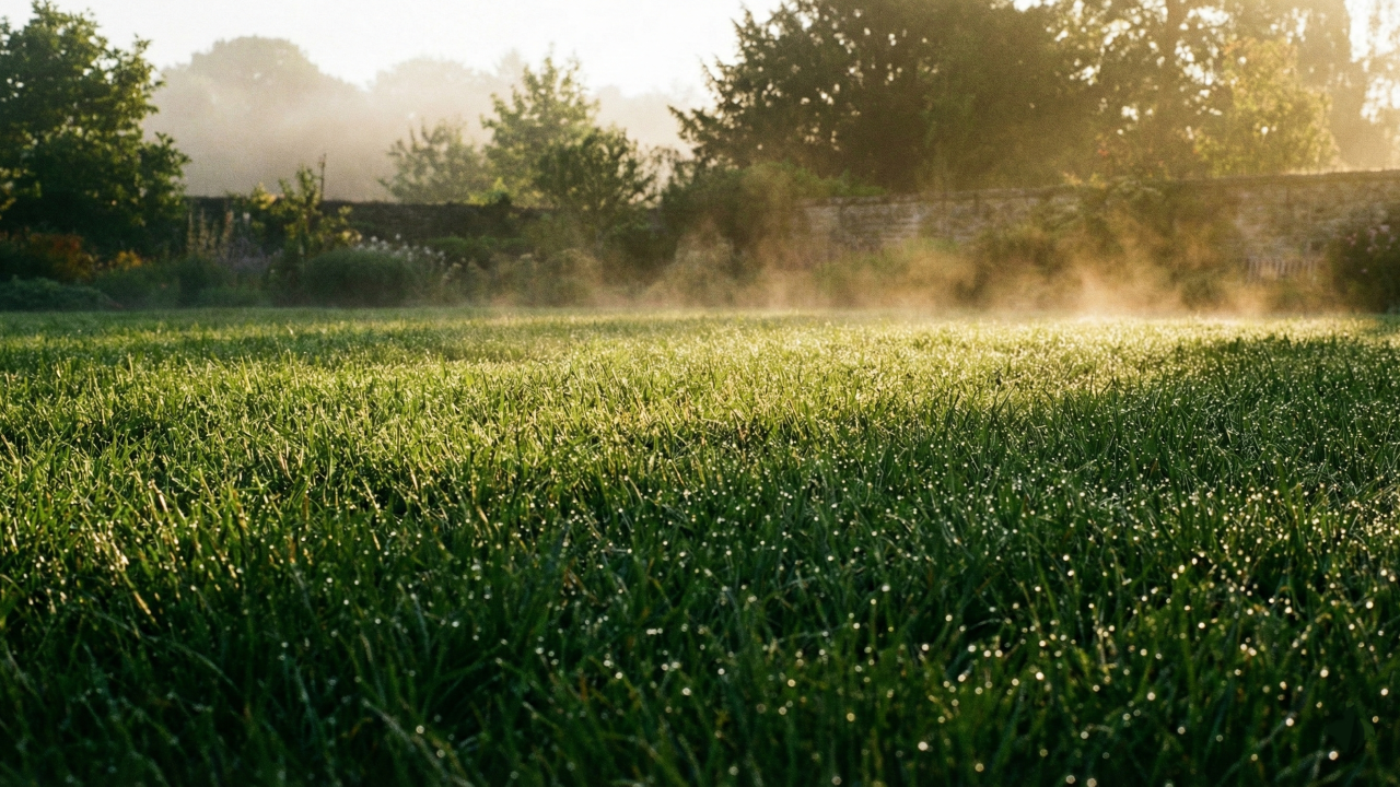 Morning mist rising from grass illustrating natural water loss through evaporation and transpiration.