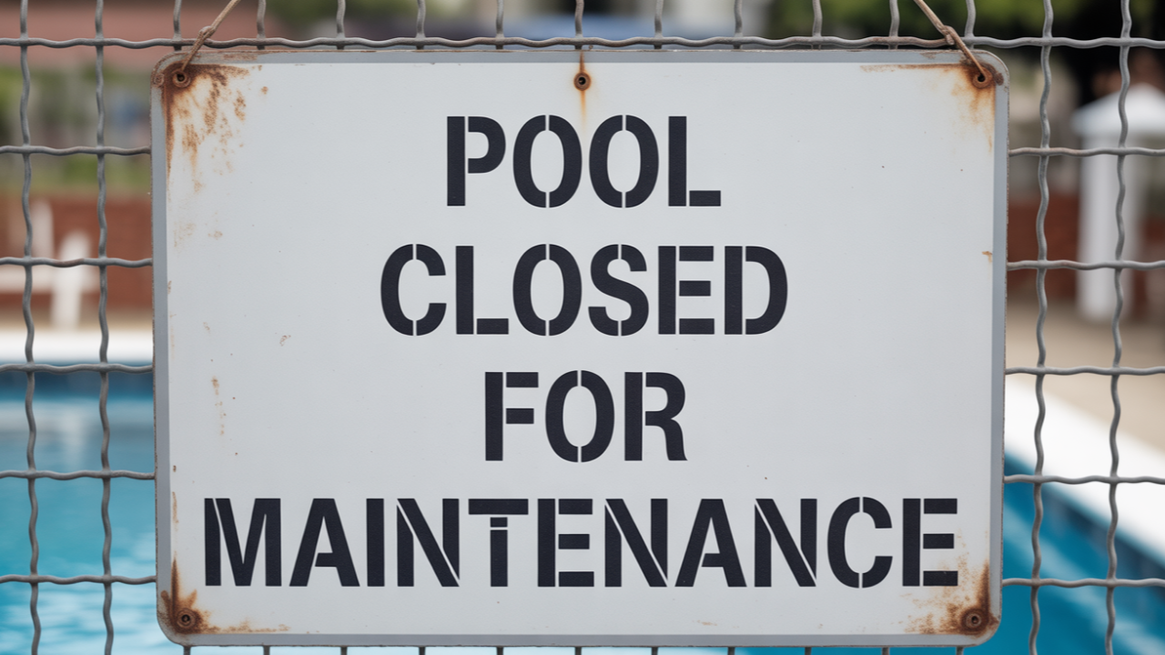 A white weathered sign with black bold text reading "POOL CLOSED FOR MAINTENANCE" is attached to a metal wire fence.