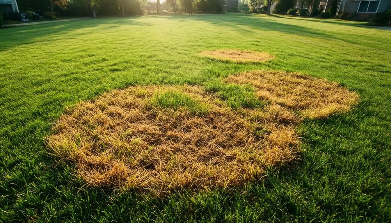 Large circular brown patch fungus symptoms appearing on a green backyard lawn.