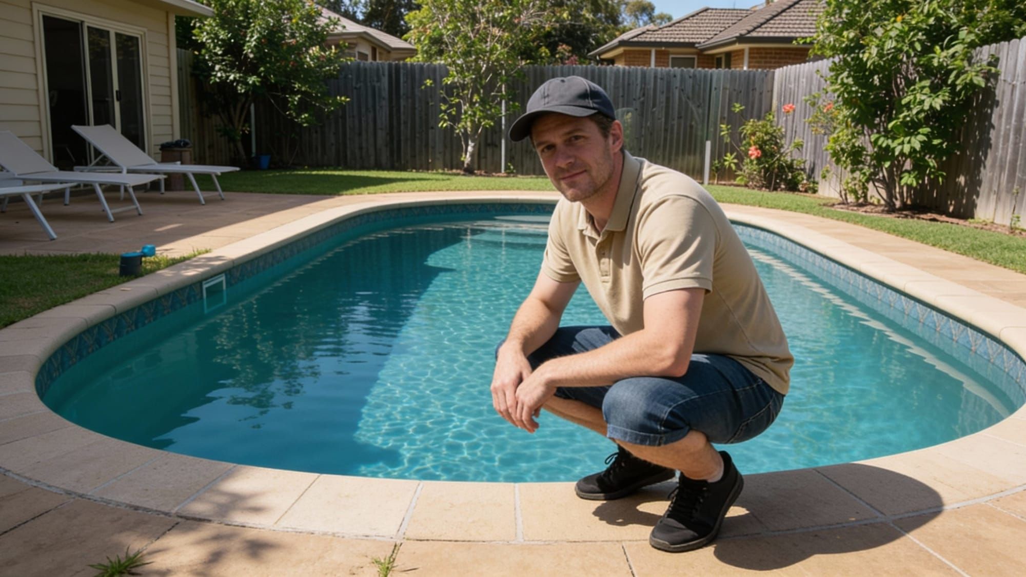 The pool owner squatted in front of the pool, wanting to share water-saving tips.