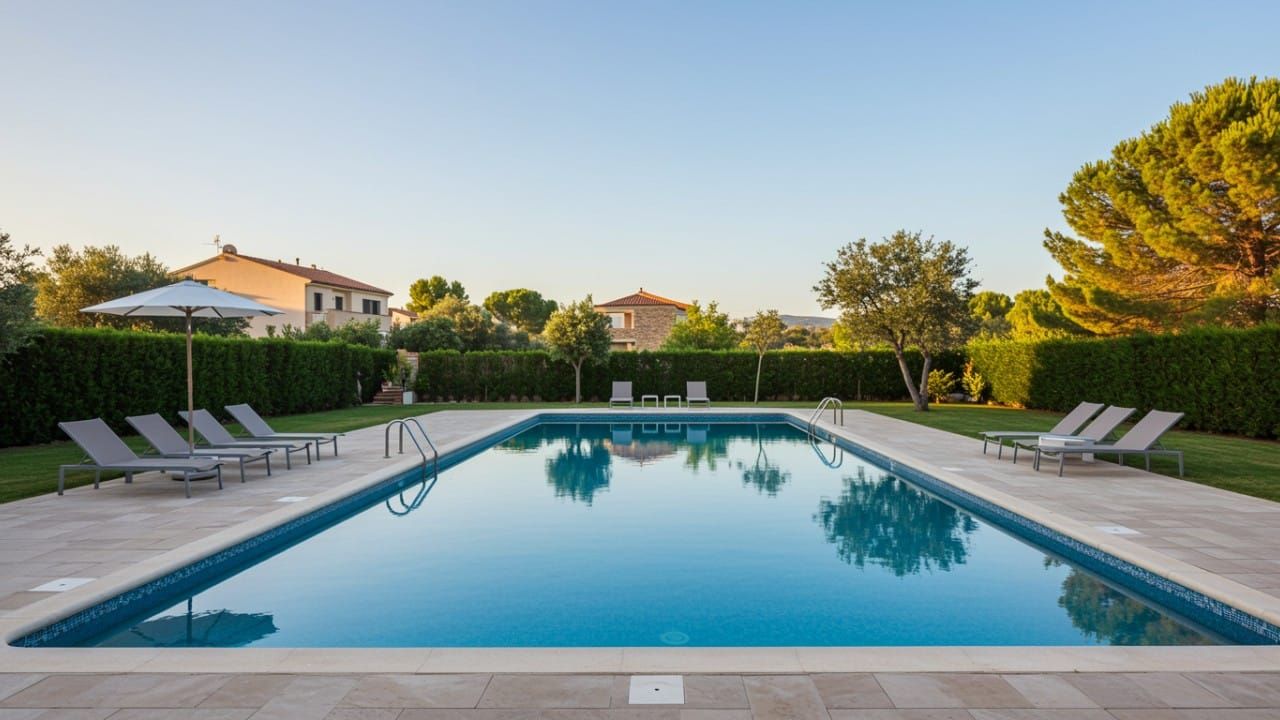Une piscine d'eau cristalline et scintillante au cœur d'un jardin fleuri au printemps.