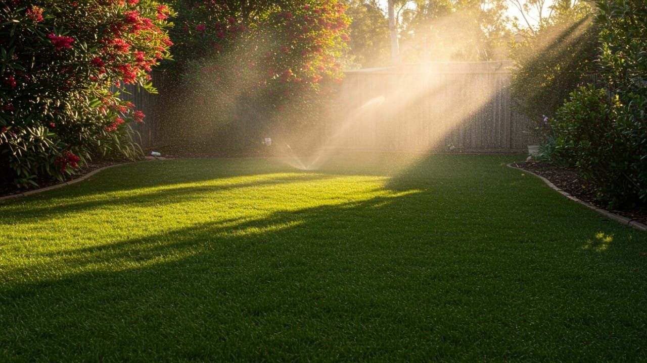 A lush green Australian backyard being watered by a pop-up sprinkler in the early morning sunlight.