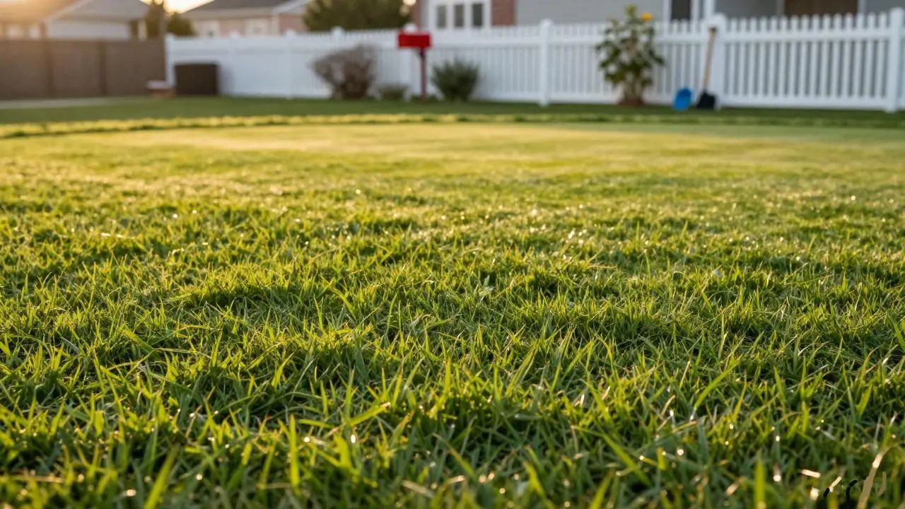 Using a landscape rake to smooth top dressing soil into the turf.