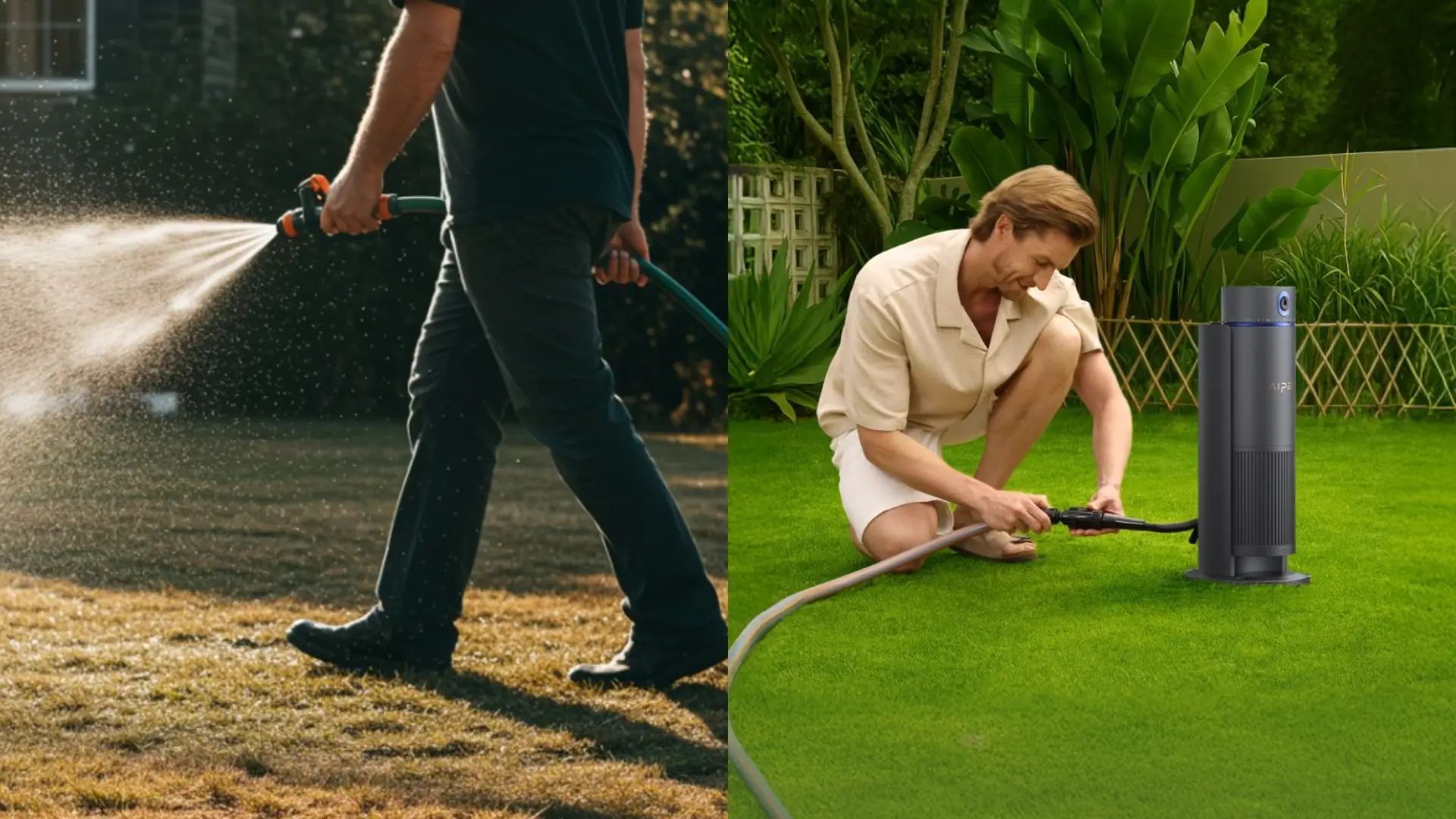 Manual hose watering vs smart irrigation system keeping an Australian lawn green in summer heat.