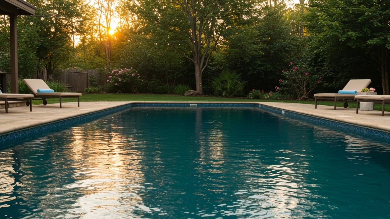 A clean backyard swimming pool with gentle water movement and lush landscaping for natural bug prevention.