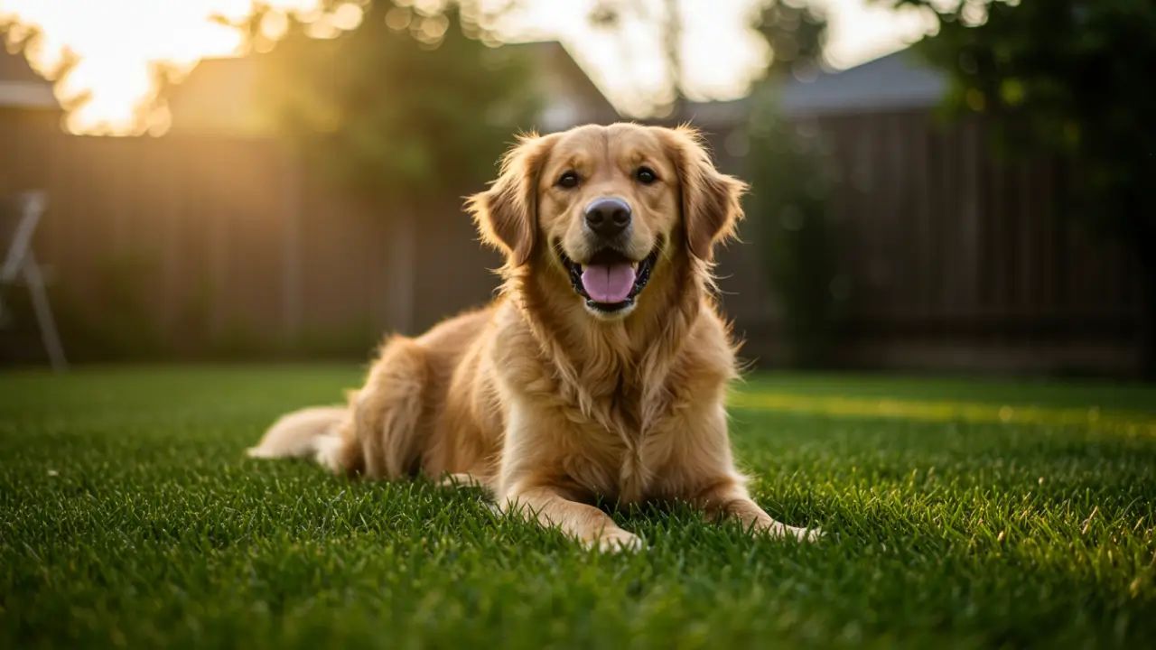A happy Golden Retriever lying on a lush green lawn maintained with pet safe lawn care practices.