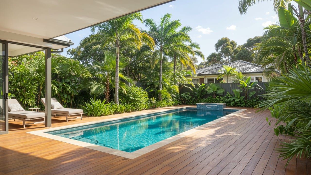 A crystal-clear backyard pool beautifully maintained without falling for common swimming pool myths.