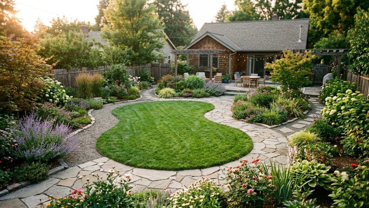 A beautifully landscaped, uniquely curved backyard requiring precise water solutions for irregular lawns.