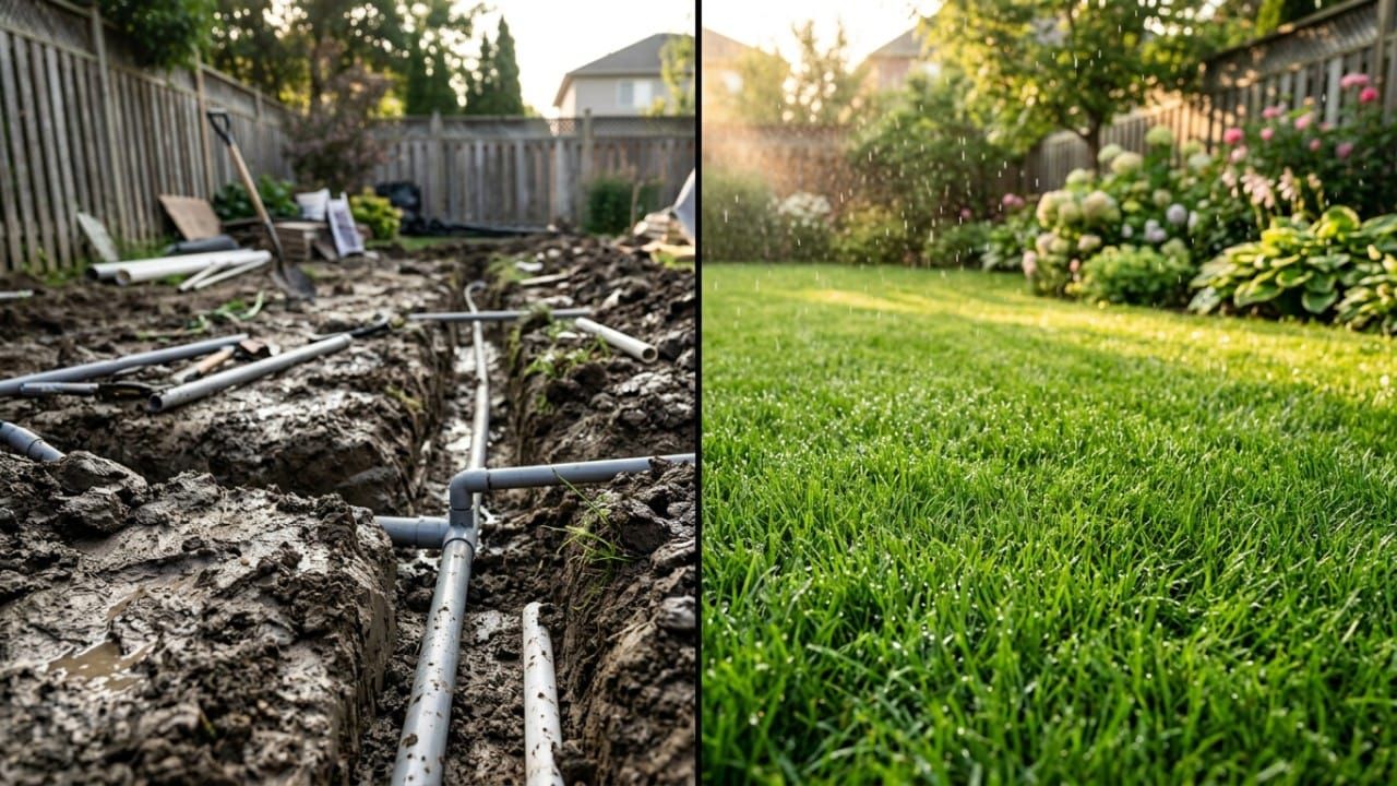 A split view comparing a muddy yard with trenches to a lush green lawn being watered.