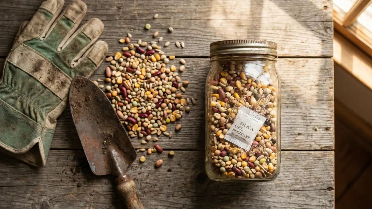 A sealed glass mason jar filled with seeds and a silica packet sits on a rustic table to demonstrate how to store seed safely.