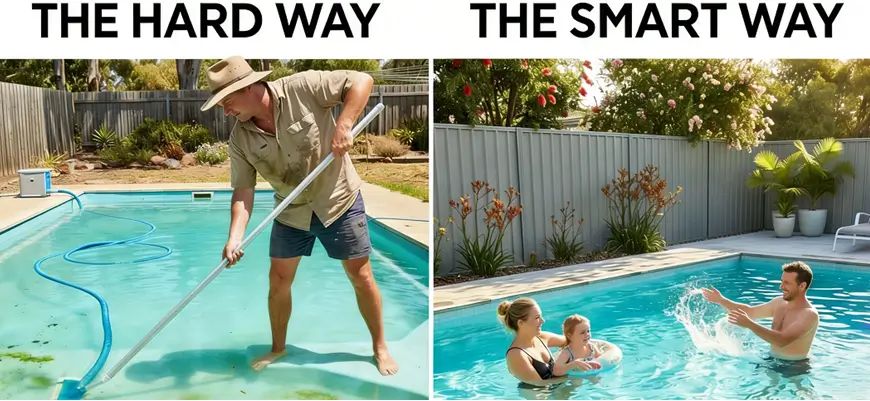 Lifestyle comparison of a homeowner working hard manually versus a family enjoying free time in a clean pool.