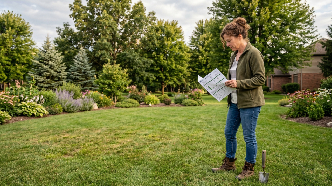 Homeowner reviewing a soil test report while standing on a backyard lawn to understand soil conditions for better lawn care.