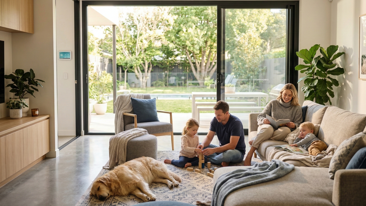 A family relaxing safely in a modern connected home with a view of a sunny backyard.