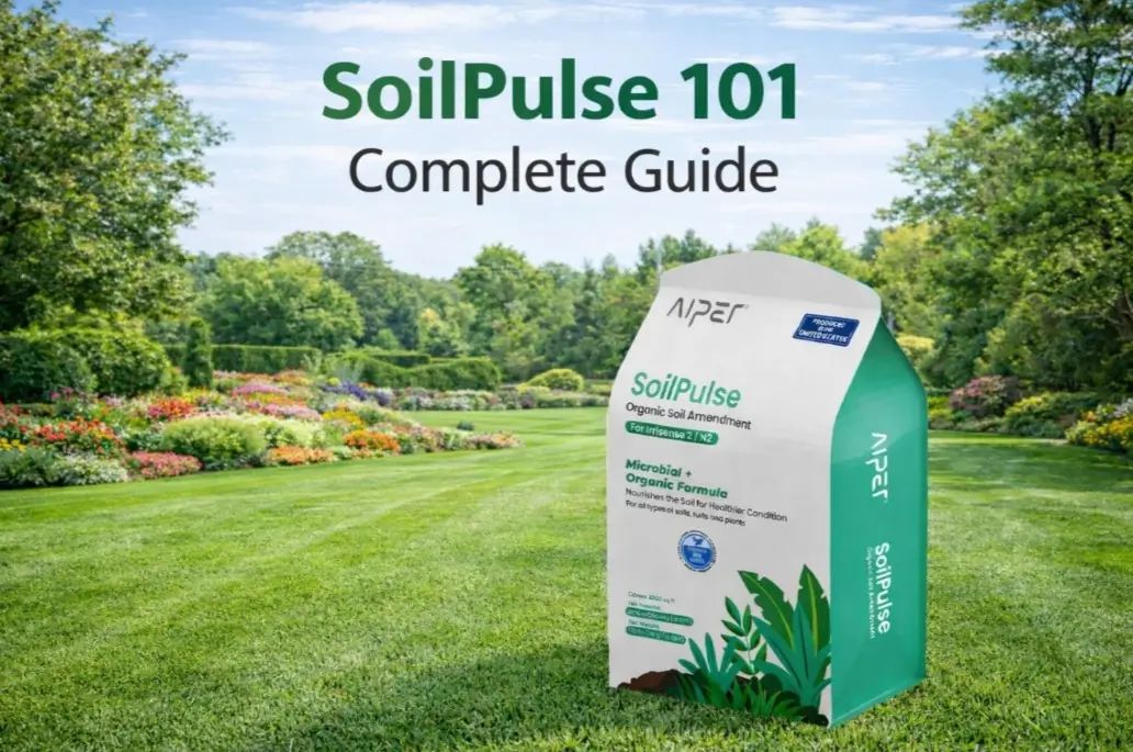 SoilPulse 101 Complete Guide header featuring organic soil amendment packaging on a lush green lawn.