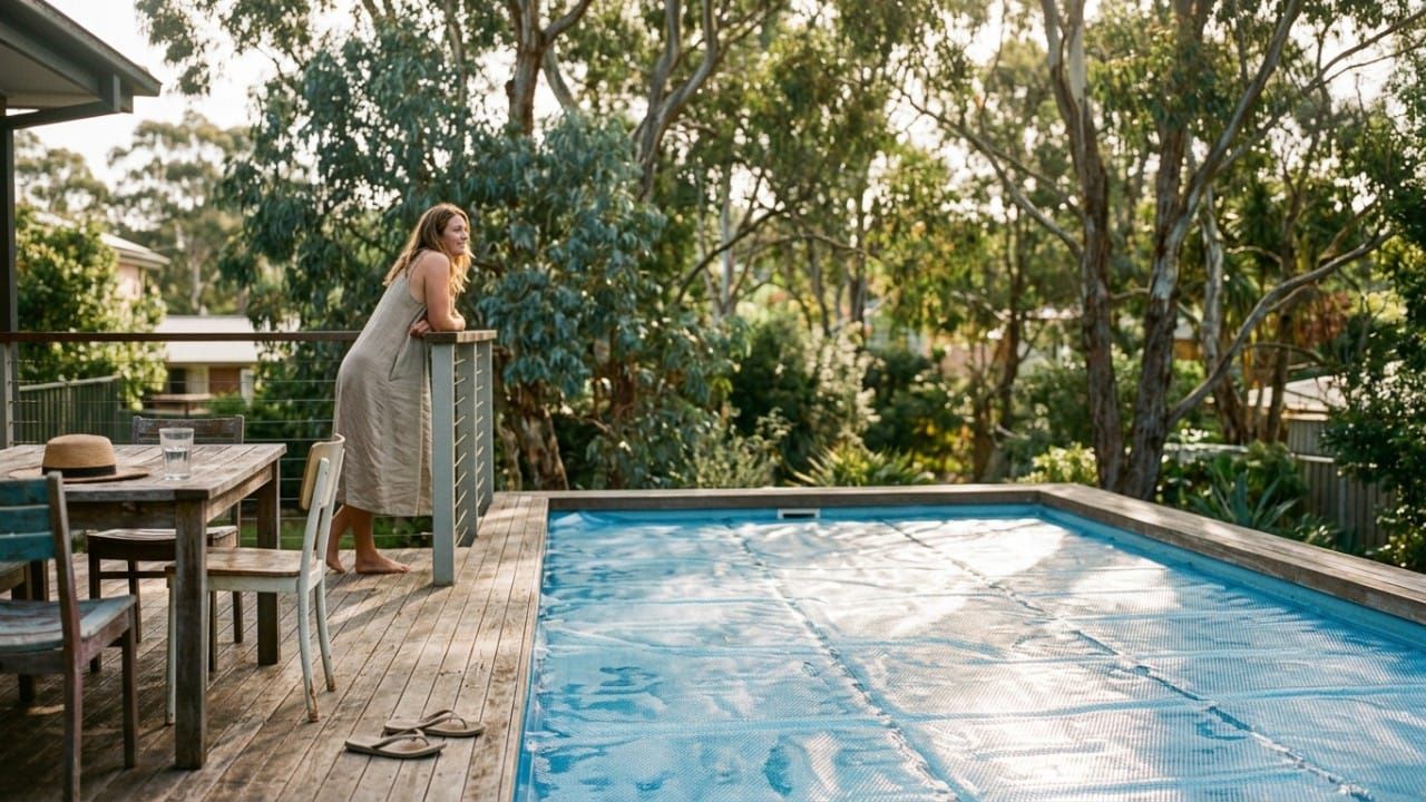 Solar pool cover floating on a backyard swimming pool in Australia to retain heat and reduce evaporation.