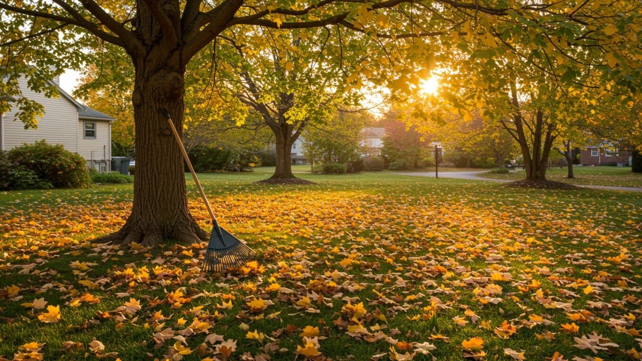 A suburban lawn partially covered with colorful autumn leaves next to an ergonomic rake leaning against a tree.