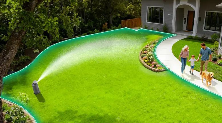 Aiper IrriSense 2 smart irrigation system maintaining greenery in a residential yard.